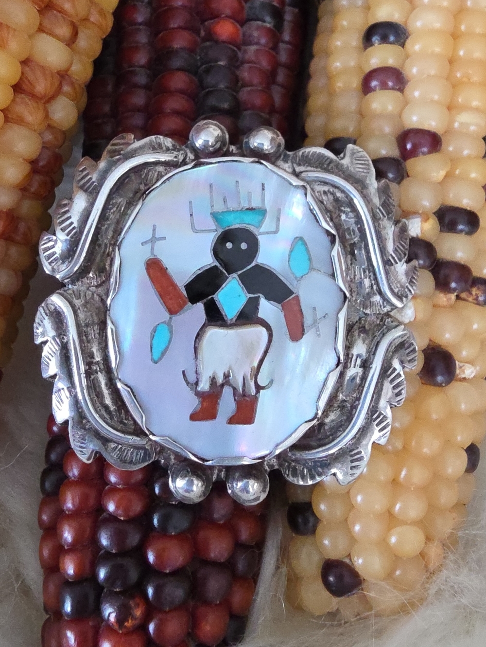 Stunning Native American Zuni Inlaid Ga'an Dancer Brooch 🤍🩵🖤🎁